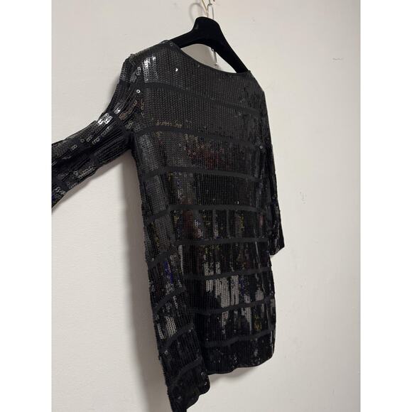 Theory Dress Womens Small Black Harmen Sequin Shift 3/4 Sleeve Mini Party - Picture 5 of 14